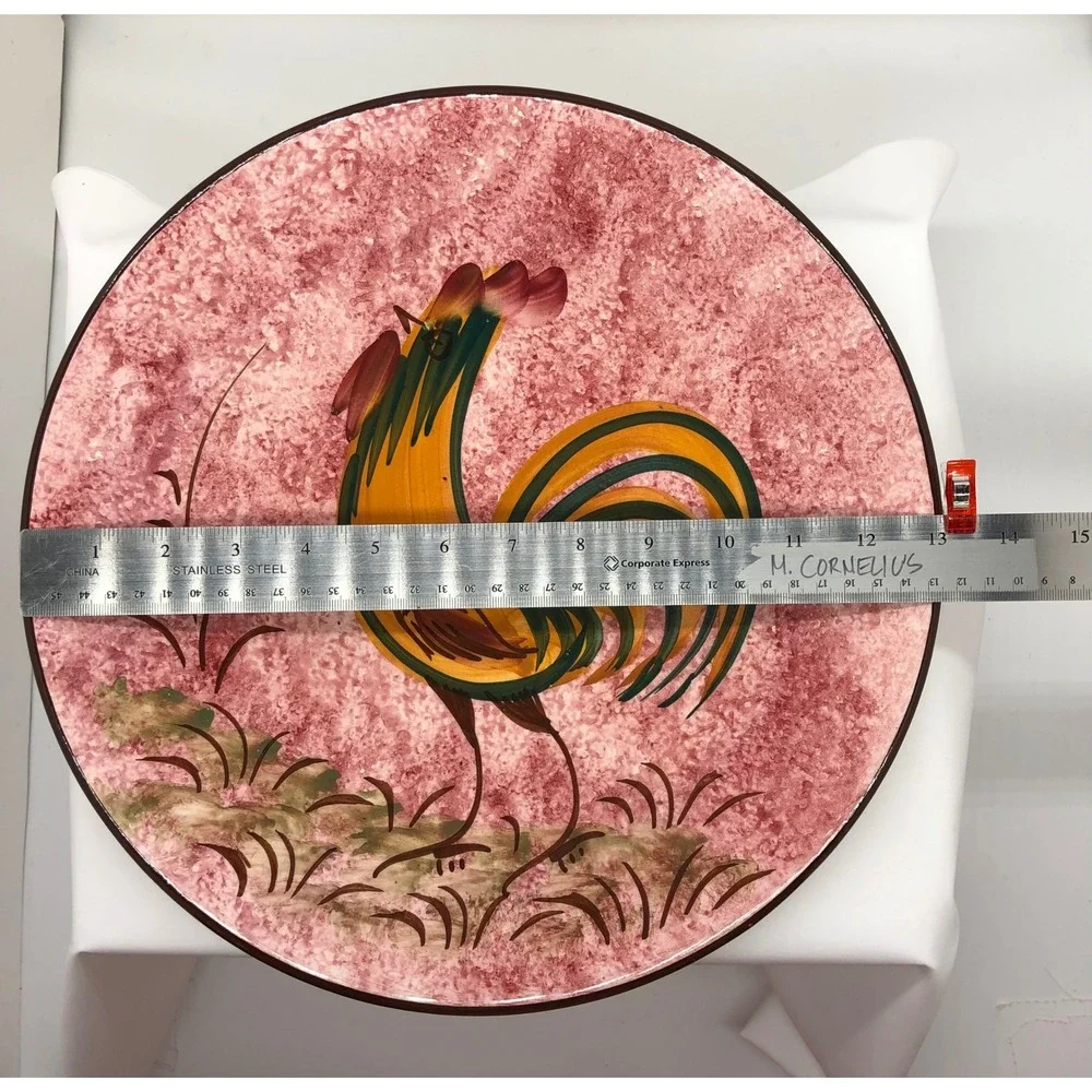 Vintage‎ Hand Painted Rooster Ceramic Charger Plate Pink Sponged Wall Decor